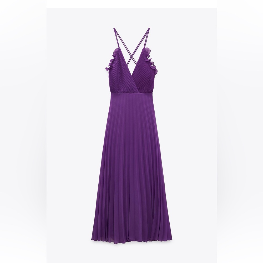 Pleated ruffled purple slip dress